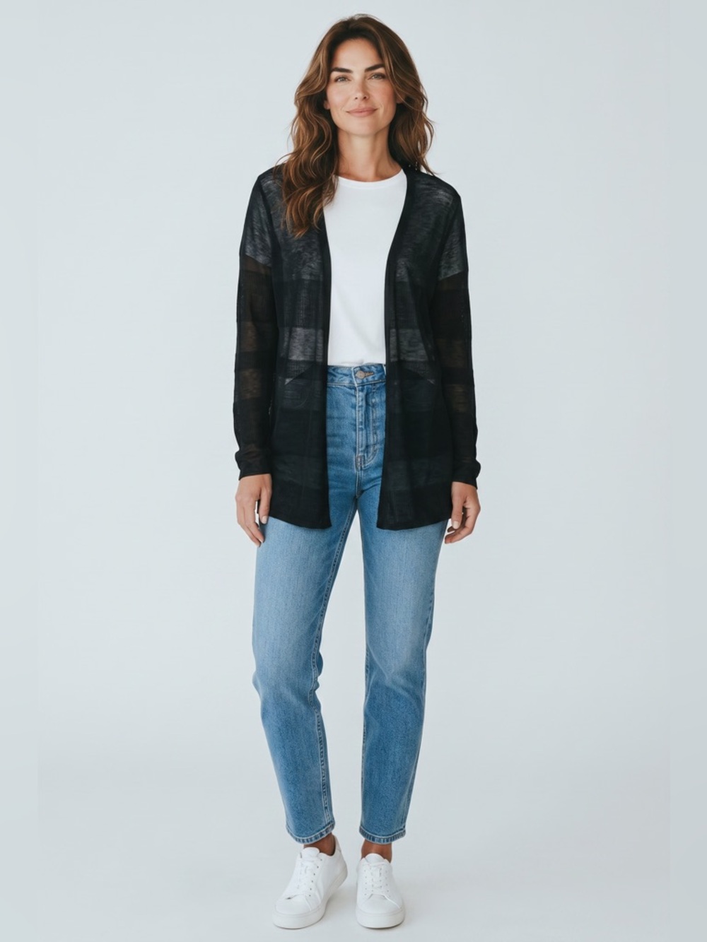 Joan Vass Long Sleeve Sheer Open Front Cardigan // Black // Medium